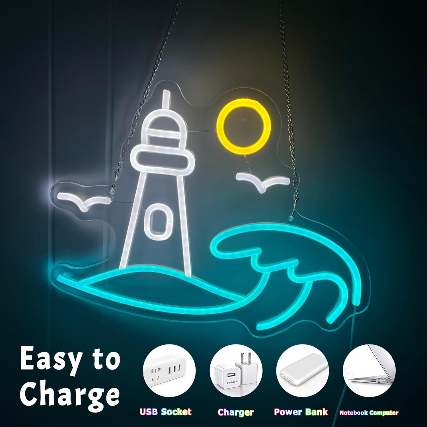 Lighthouse Scene Neon Sign Sea - Party Games Night ulasan dan harga